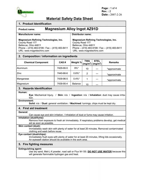 safety data sheet for magnesium